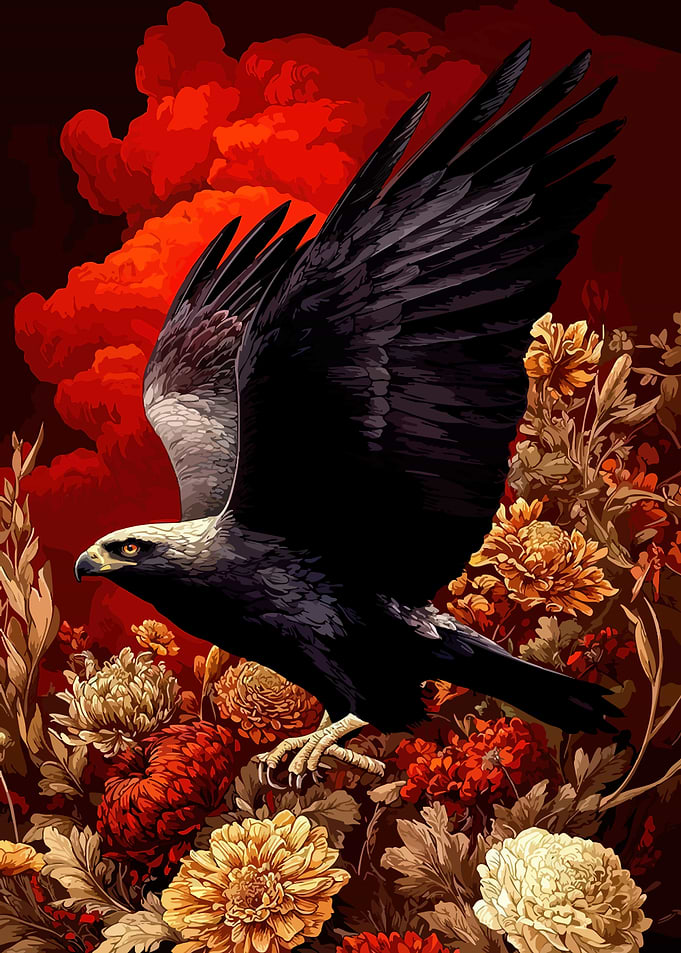 Eagle in Flight Amidst Floral Bloom