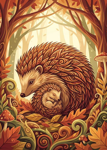 Hedgehog Family in Autumn Forest
