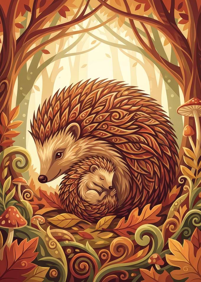 Hedgehog Family in Autumn Forest