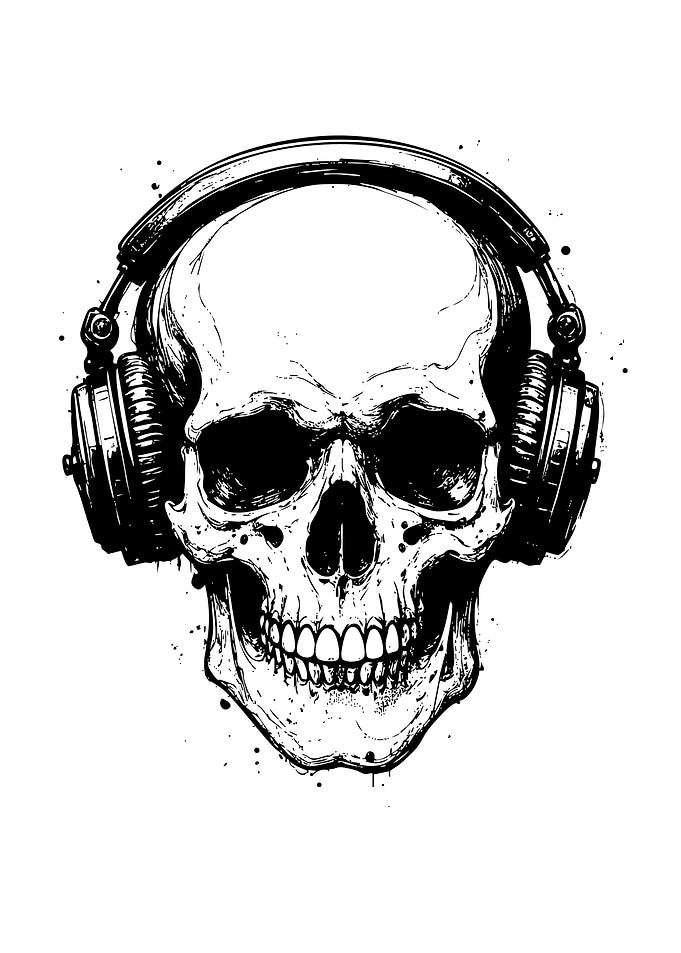 Skull with Headphones Black and White