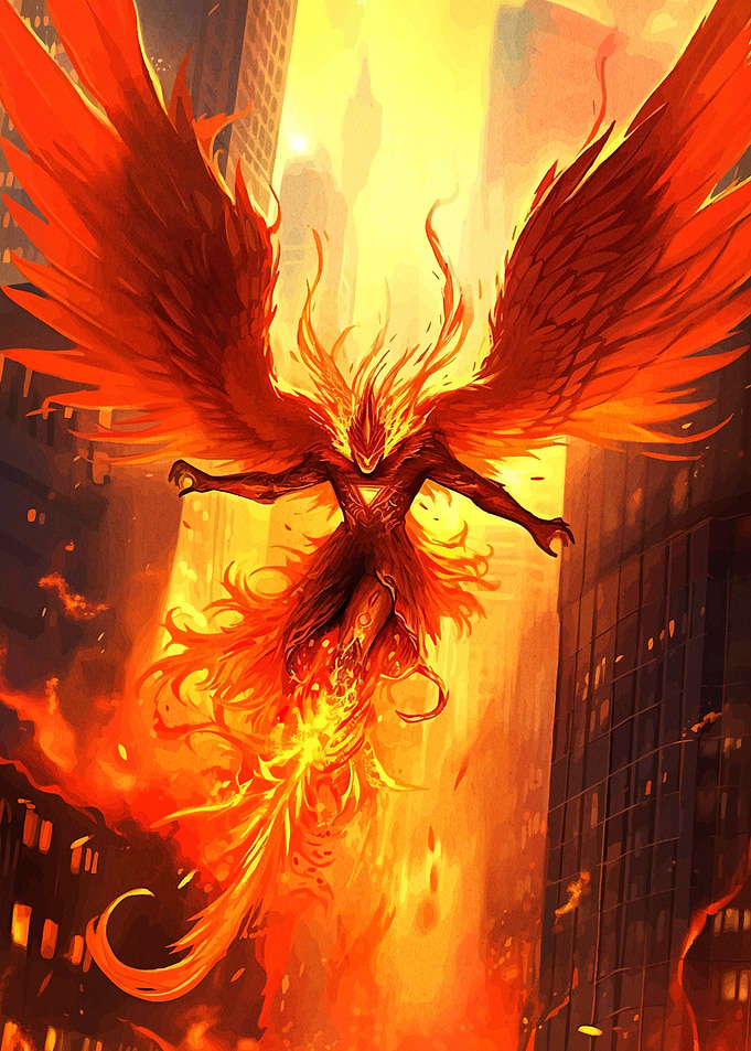 Fiery Phoenix Rising in Cityscape