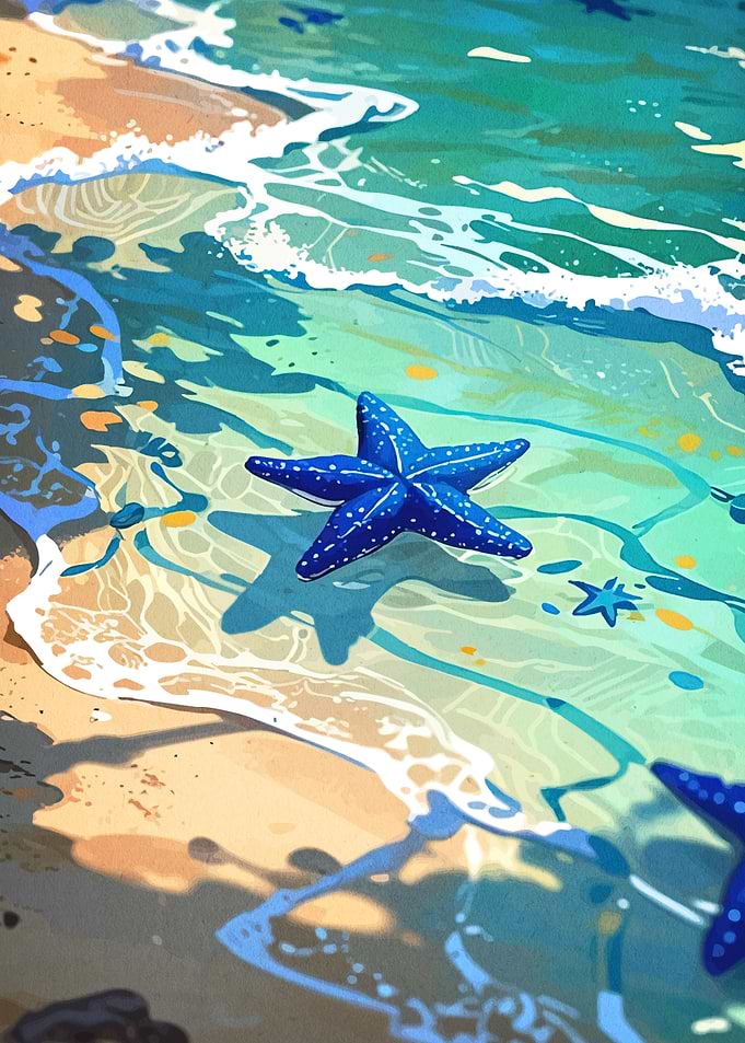Blue Starfish on Beach Shoreline