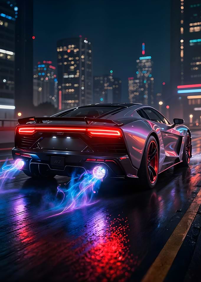 Sleek Car with Flames in Cityscape