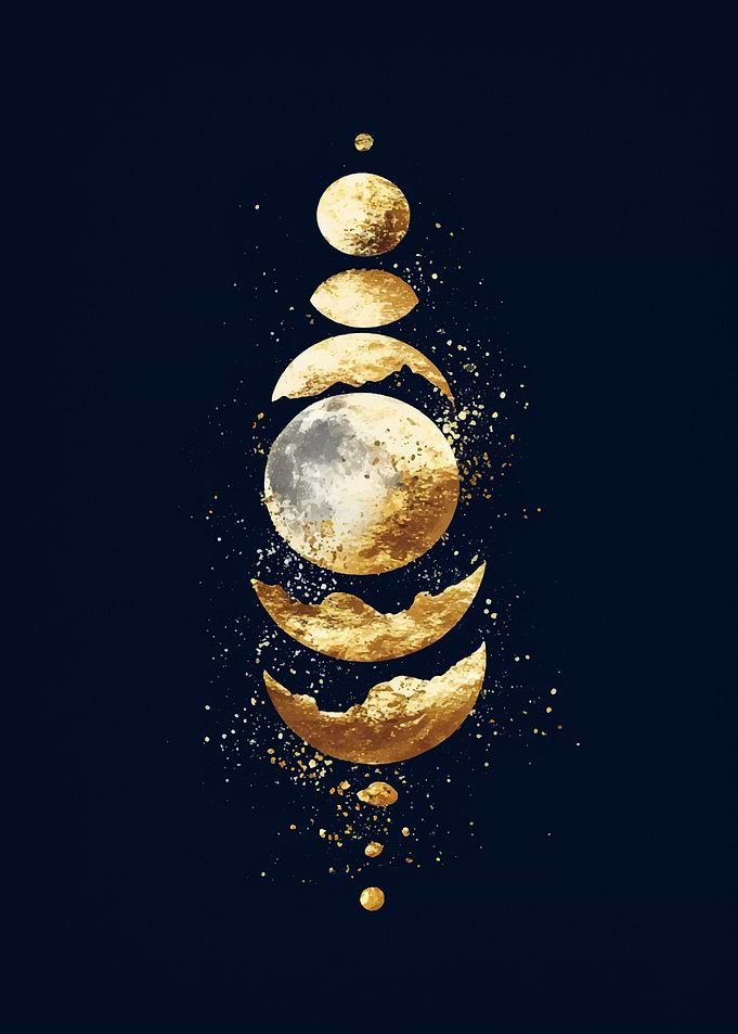 Golden Moon Phases on Dark Blue