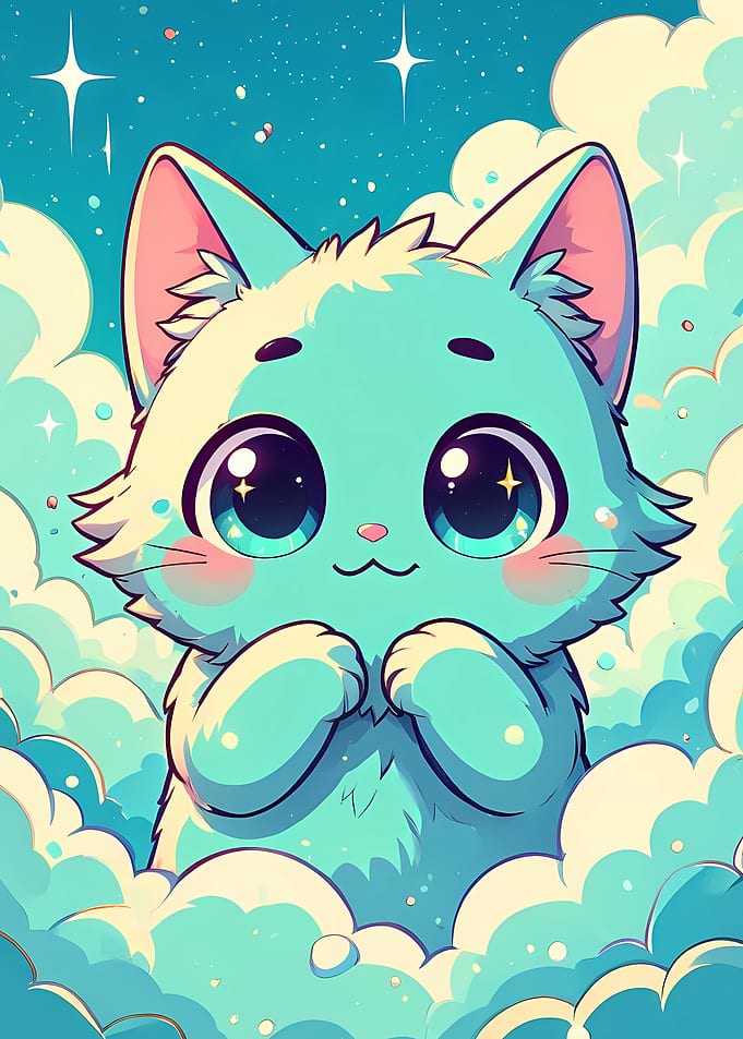 Cute Cartoon Cat in the Clouds