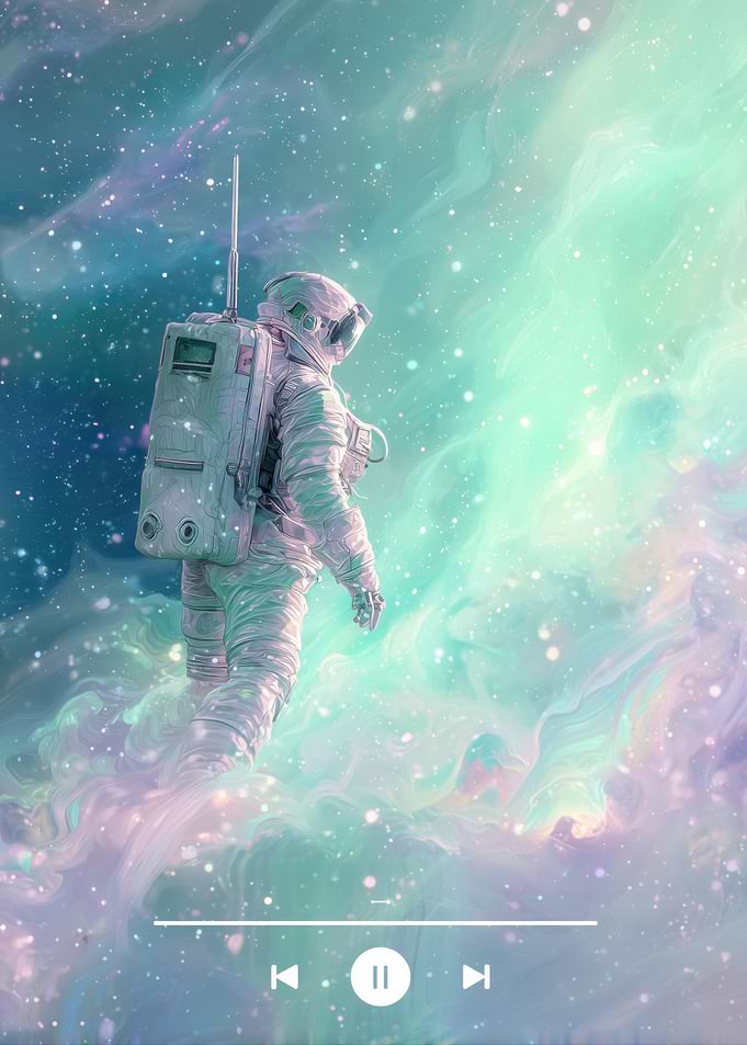 Astronaut in Nebula with Music Player
