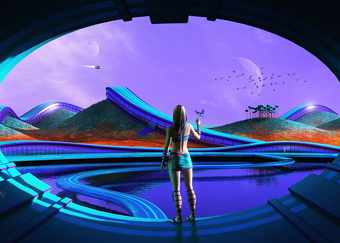Futuristic Landscape with Woman and Butterfly