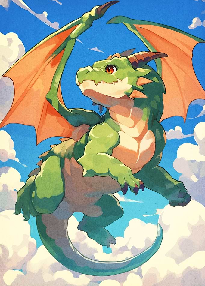 Cartoon Green Dragon Flying in Sky