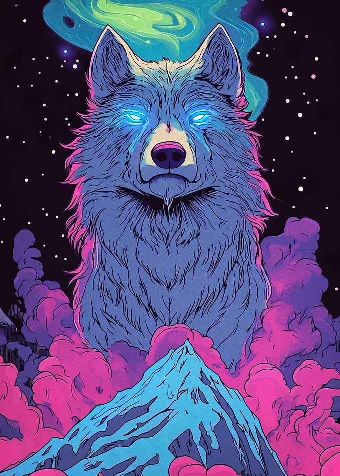 Cosmic Wolf Above Mountain Peak