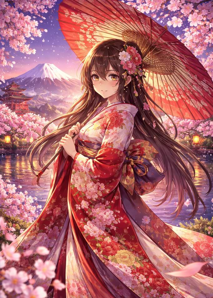 Anime Girl in Kimono with Umbrella