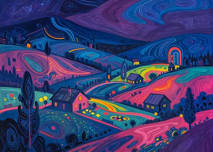 Neon Valley Nocturne – Surreal Electric Countryside Digital Art
