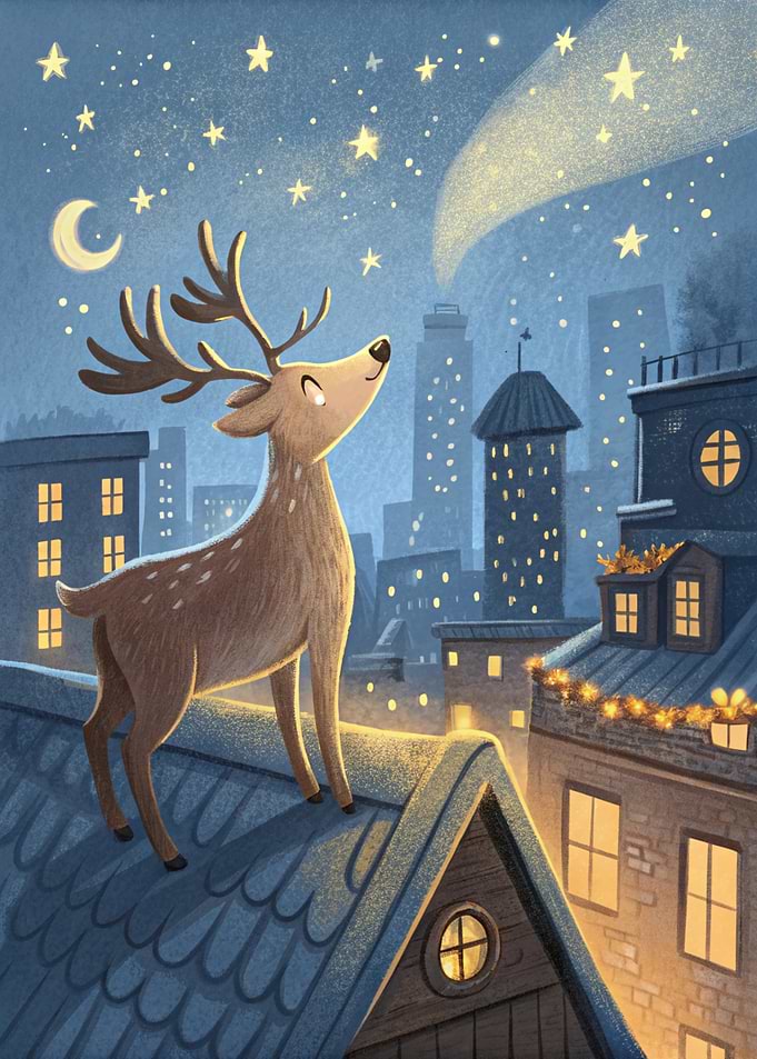 Reindeer on Rooftop Gazing at Stars