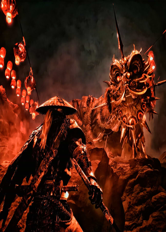 Samurai Warrior Confronts Dragon in Fiery Landscape