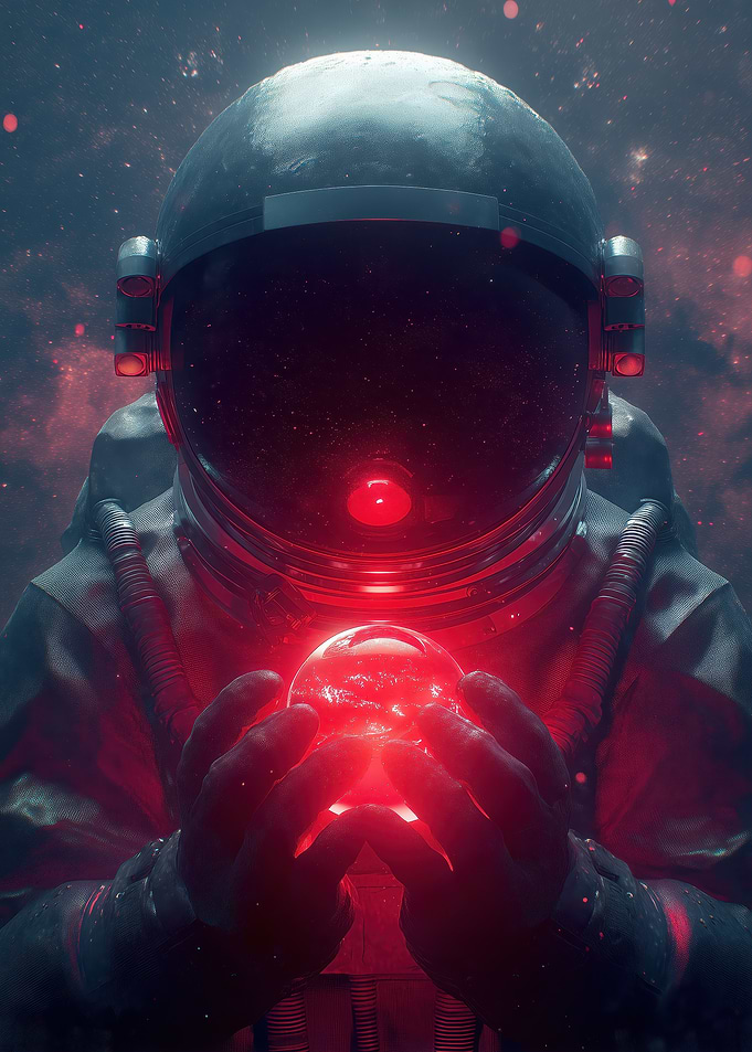 Astronaut Holding Glowing Orb in Space