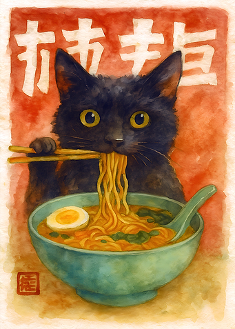 Cat eating ramen watercolor painting