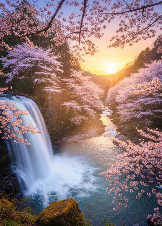 Cherry Blossom Waterfall Sunset