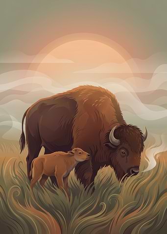 Bison Family in Grassy Field