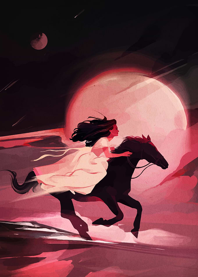 Woman Riding Horse Under Moonlight