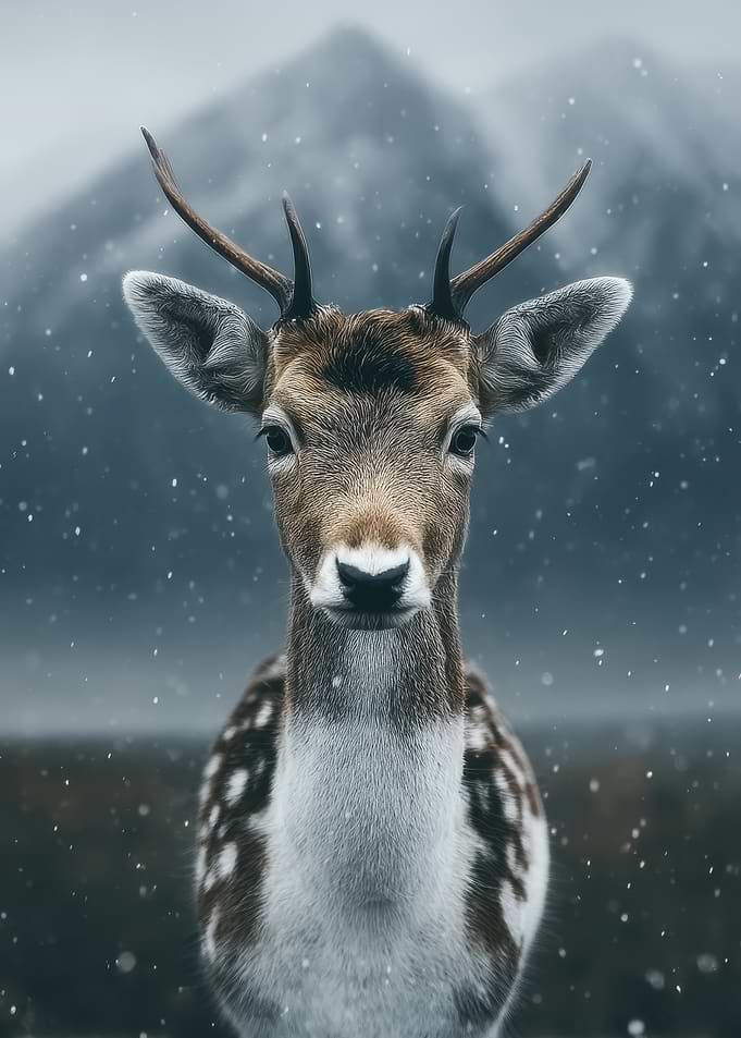 Deer portrait in snowy mountain landscape
