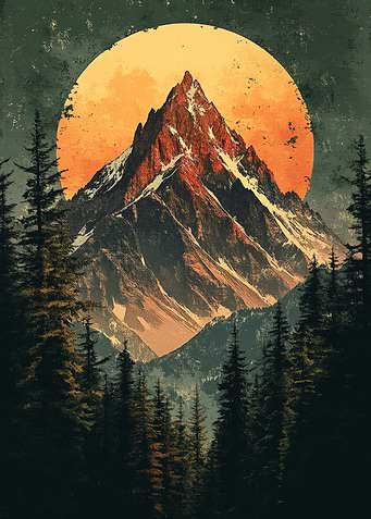 Mountain Peak and Forest Landscape Art