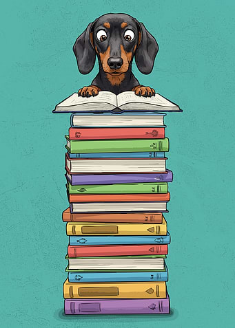 Dachshund Reading on Book Stack