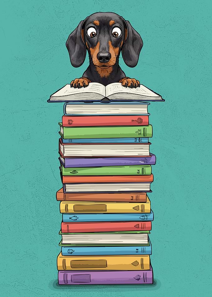 Dachshund Reading on Book Stack
