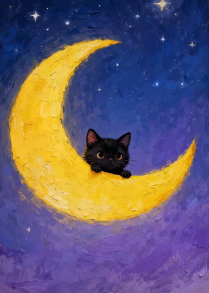 Black Cat on the Moon Painting