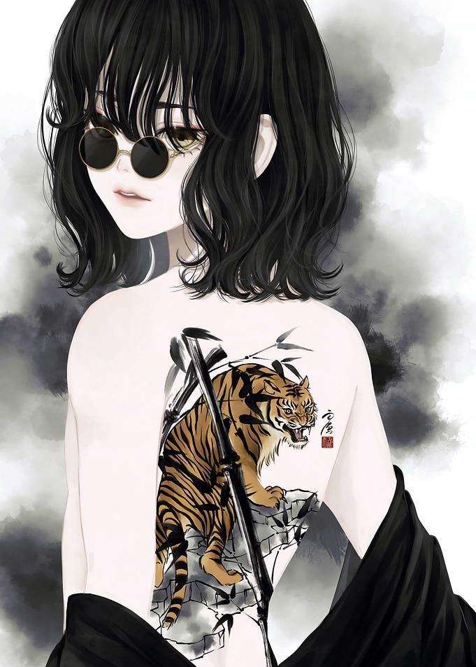 Anime Girl with Tiger Tattoo