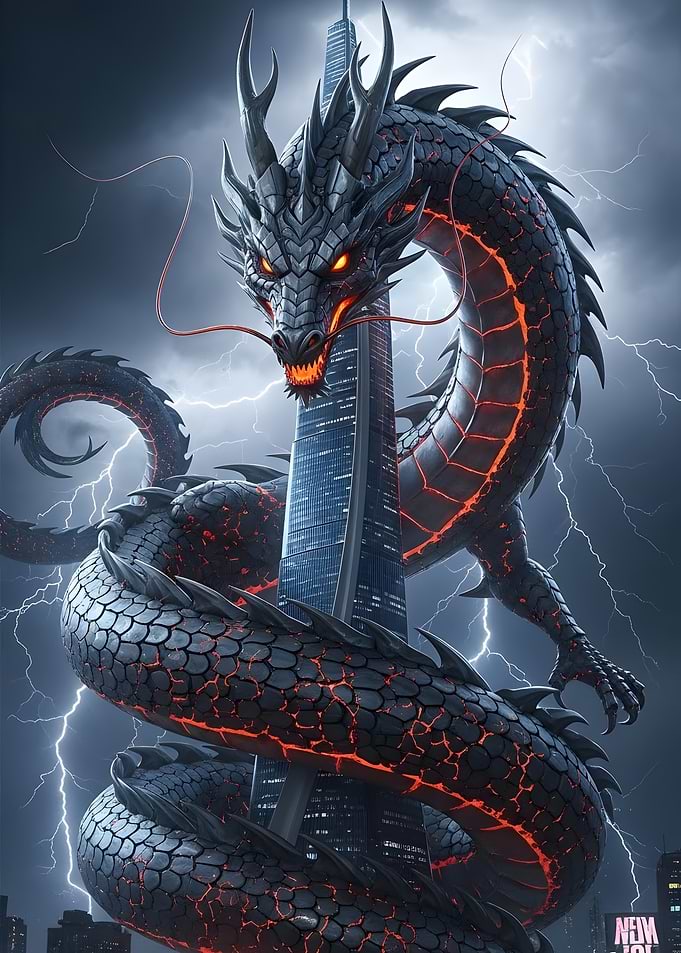 Dragon Coiled Around Skyscraper