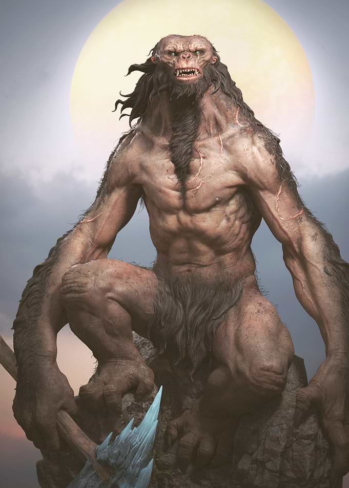 Muscular Beast with Axe under Moonlight