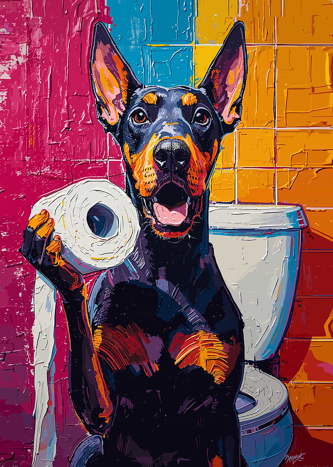 Doberman with Toilet Paper Painting