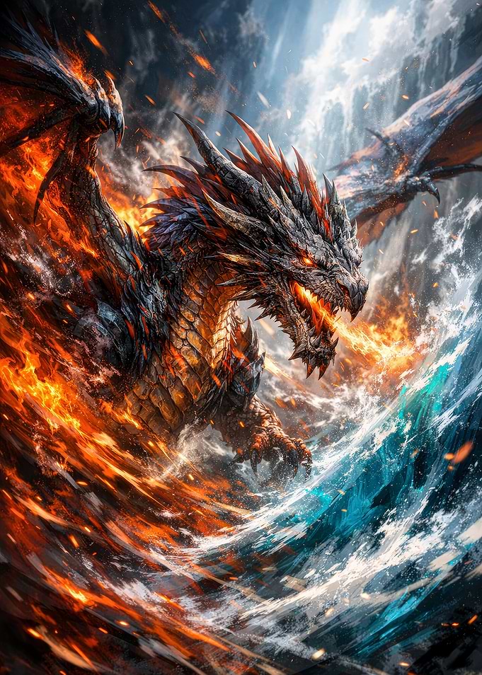 Fire Dragon in Ocean Storm