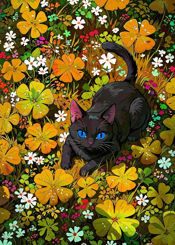 Black cat in a flower field