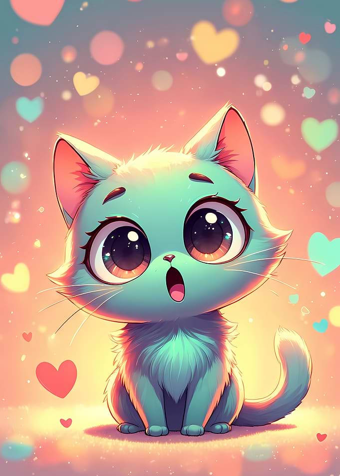 Cute Teal Kitten with Hearts