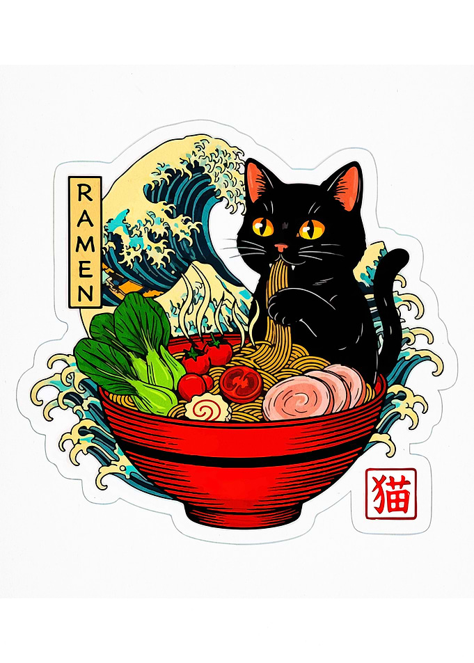 Cat Eating Ramen with Great Wave