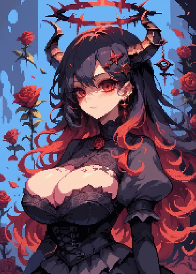 Pixel Art Demon Girl with Roses