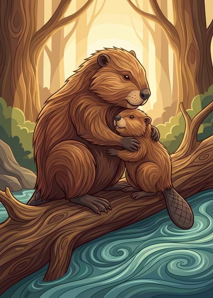 Beaver Family Hugging on a Log