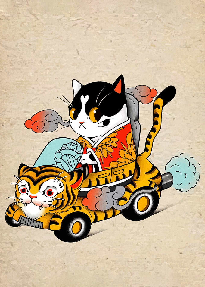 Cat driving tiger car illustration