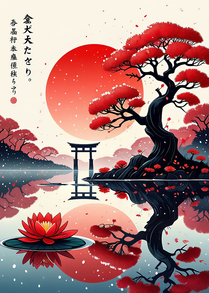 Japanese Landscape with Red Tree and Torii