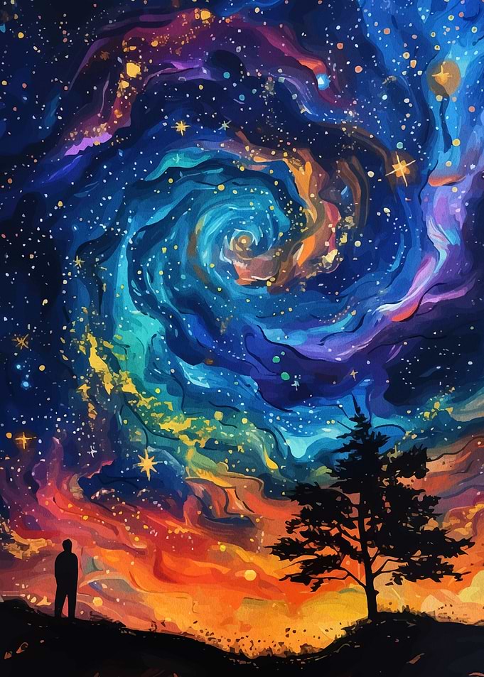 Cosmic Landscape Silhouette Figure
