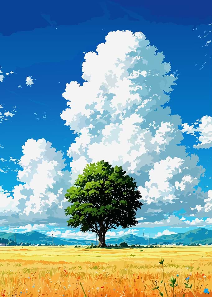 Lone Tree in Field Anime Style