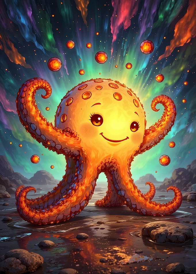 Cute Octopus Character with Aurora Background