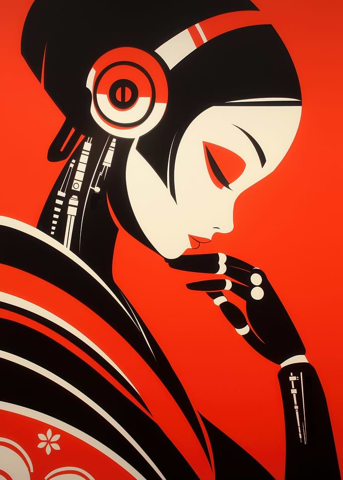 Cyberpunk Mech Geisha Portrait in Red