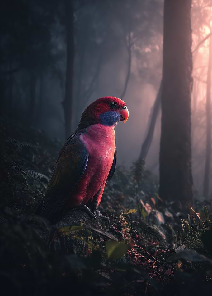 Crimson Rosella in Misty Forest