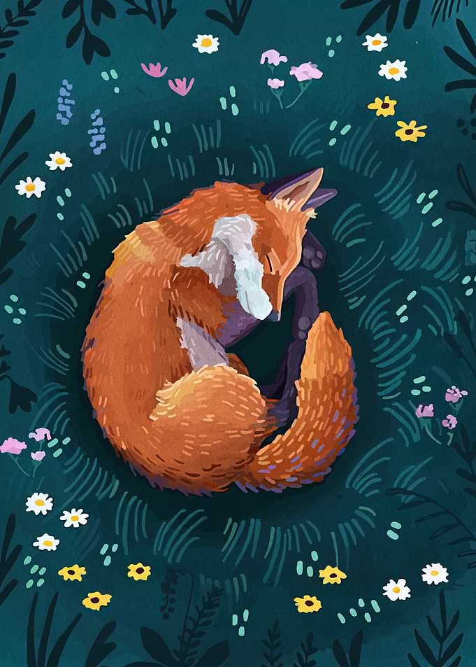 Sleeping Fox in Floral Meadow