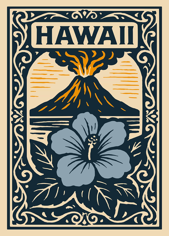 Hawaii Volcano and Hibiscus Illustration