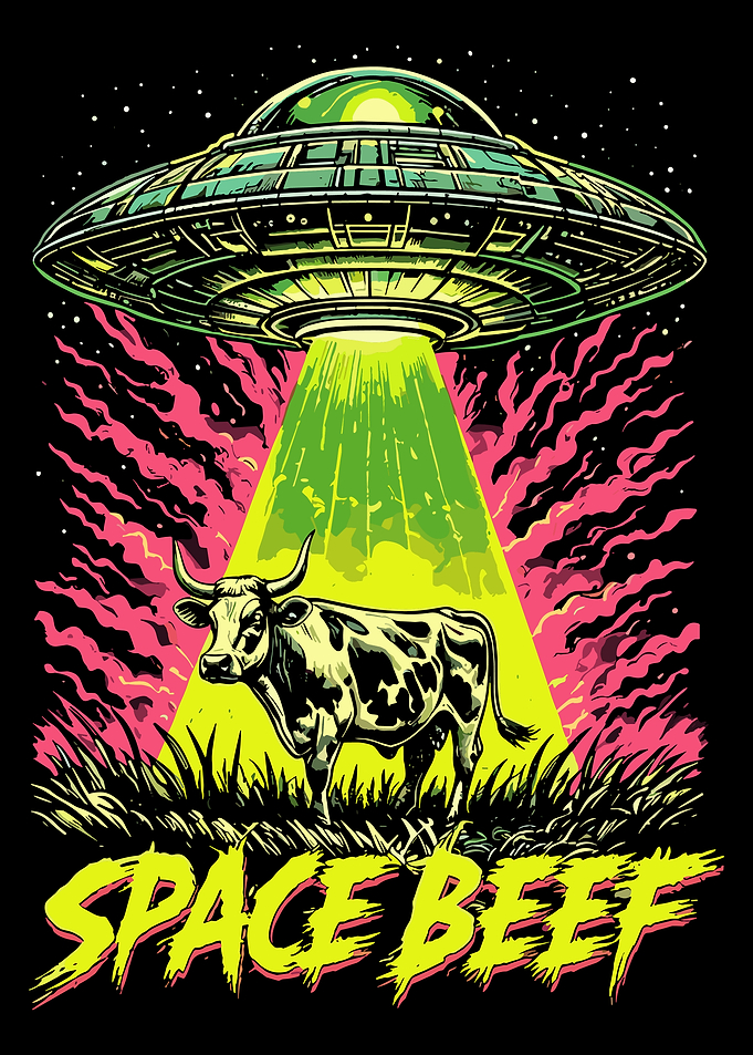 Space Beef UFO Poster, Alien Cow Abduction Art Print, Funny Sci Fi Wall Art Illustration