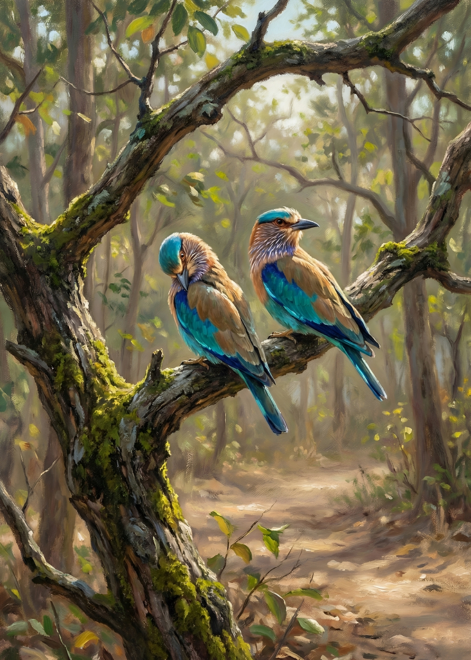 Two Birds on a Mossy Branch