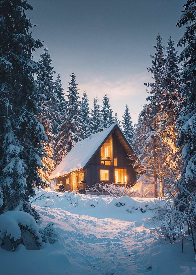 Winter Cabin in Snowy Forest
