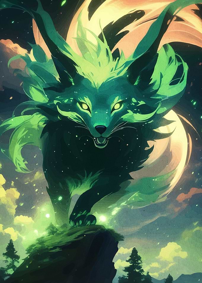 Mystical Green Fox on Mountain Peak